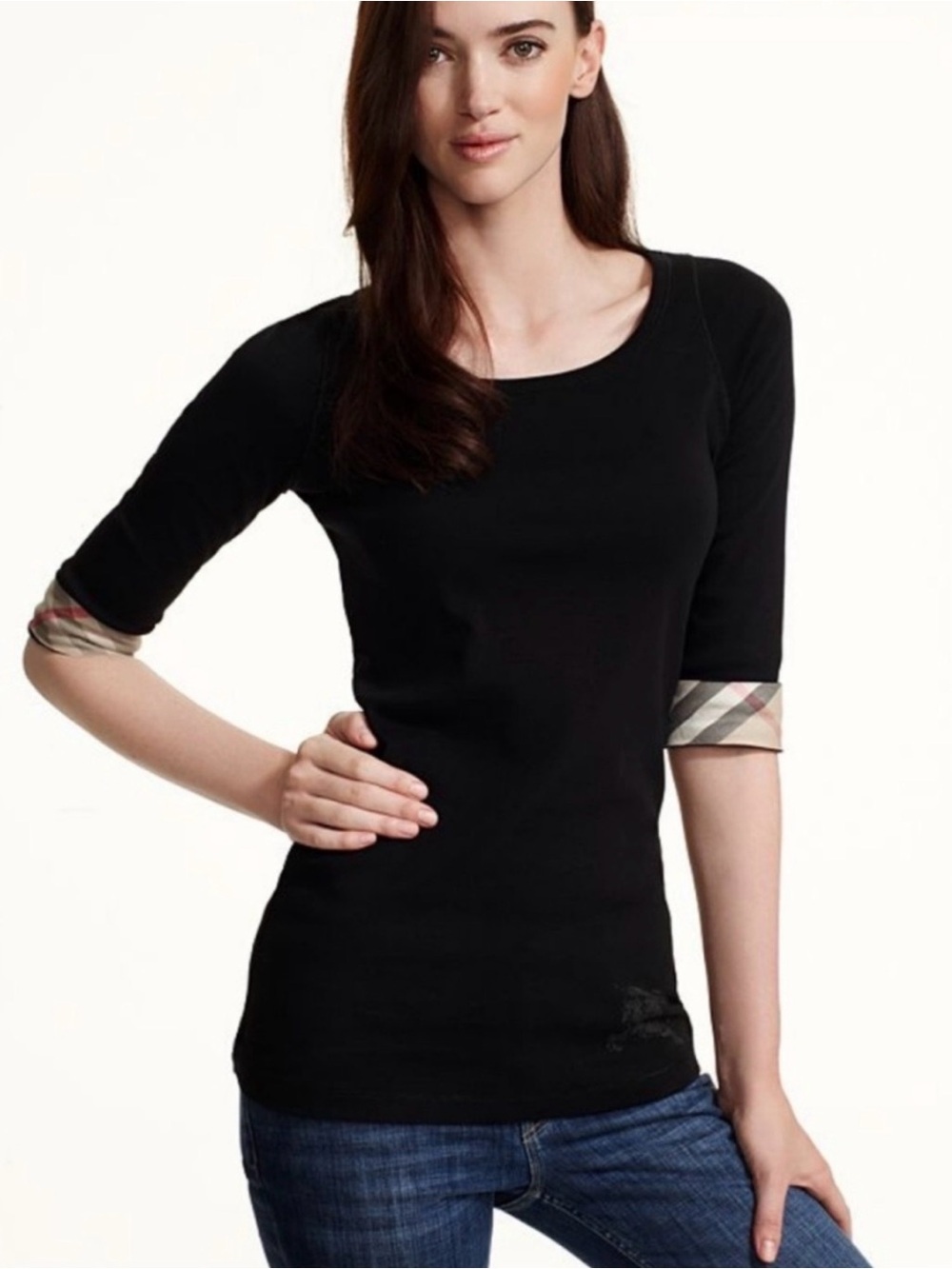 Burberry Women’s Black Scoop Neck 3/4 Sleeve Top with Plaid Cuff large